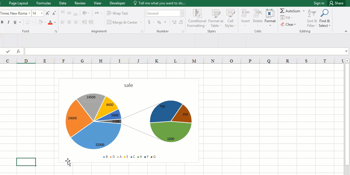 How to move slices from one pie to another in a pie of pie chart in Excel