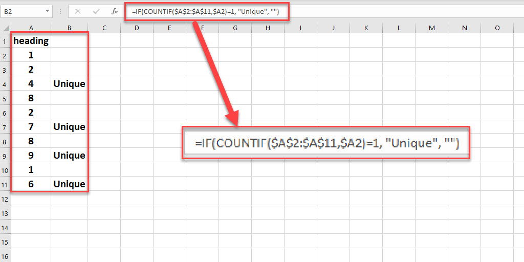 Showing unique value by Countif and If functions in Excel